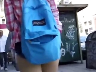youthful teen showing ass in short shorts public walking